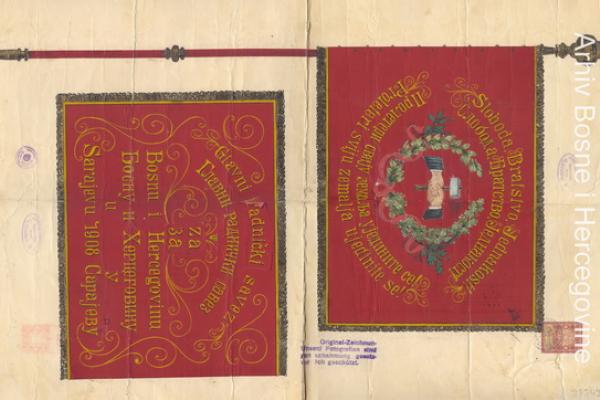 Sketches for trade-union flags: Main Worker&#39;s Union for Bosnia and Herzegovina (1908) and for Worker&#39;s Trade Alliances Tuzla (1910) and Mostar (1911)